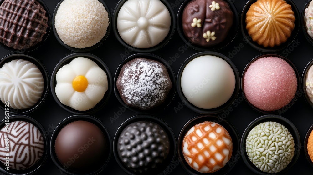 A delightful assortment of gourmet chocolates, beautifully arranged in elegant designs and colors, perfect for indulgence. A delightful assortment of gourmet chocolates, beautifully arranged in elegant designs and colors, perfect for indulgence.