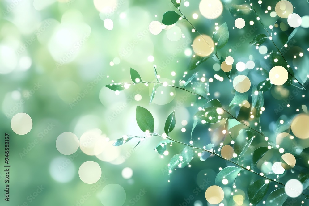 Soft green foliage illuminated by shimmering bokeh lights creating a tranquil atmosphere in a sunlit garden Soft green foliage illuminated by shimmering bokeh lights creating a tranquil atmosphere in a sunlit garden