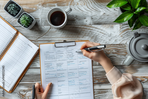 Focused Hand Writing on Clipboard Surrounded by Office Essentials, Emphasizing Productivity