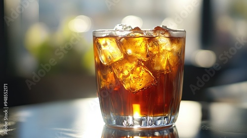 Glass of Iced Cola with Ice Cubes on a Table