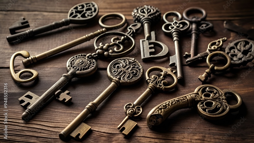 A collection of antique keys with unique shapes and designs, scattered on a rustic wooden table A collection of antique keys with unique shapes and designs, scattered on a rustic wooden table