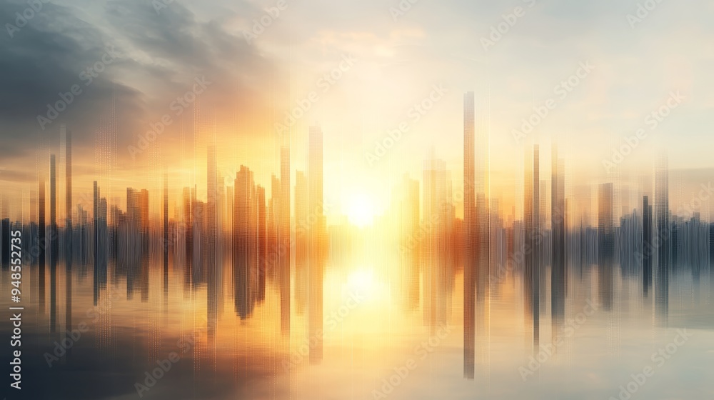 Fototapeta premium A stunning skyline at sunrise, reflecting warm colors on a calm water surface, creating an ethereal and serene atmosphere.