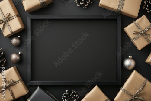 Blackboard framed by brown gift boxes and pine cones for a festive holiday background. Ideal for Christmas, New Year, or any celebration decorations.