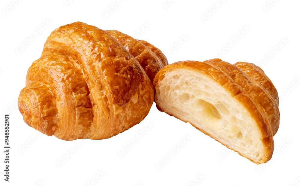 Top view of single brown croissant with half isolated with clipping path in png file format Top view of single brown croissant with half isolated with clipping path in png file format