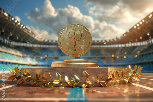 Gold Olympic Medal on Podium with Laurel Wreaths in Open Stadium