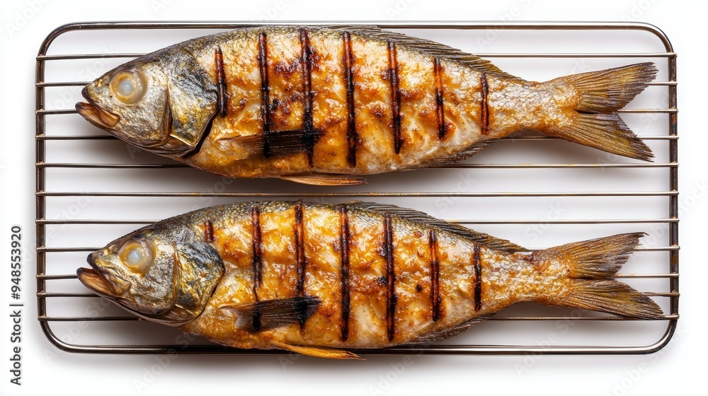 Grilled fish on a rack, showcasing golden-brown stripes, perfect for seafood lovers and culinary enthusiasts. Grilled fish on a rack, showcasing golden-brown stripes, perfect for seafood lovers and culinary enthusiasts.