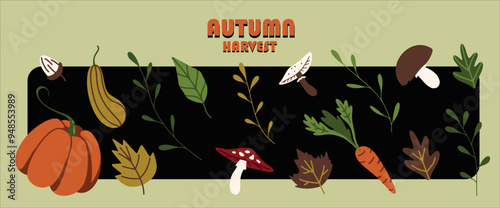 Autumn vegetables and mushrooms collection. Autumn-themed clipart elements. Perfect for harvest fest posters, brochures. Fallen leaves, pumpkins, carrot, mushrooms, acorn.