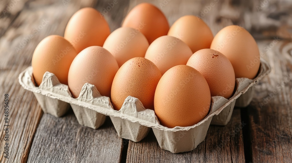 Protein-rich eggs on a wooden table, arranged in a carton, perfect for breakfast themes Protein-rich eggs on a wooden table, arranged in a carton, perfect for breakfast themes