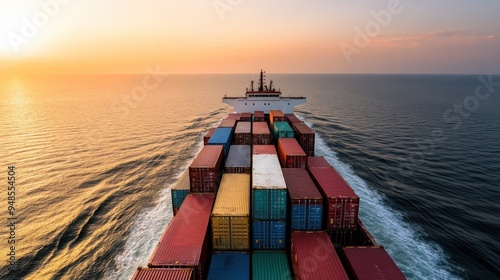 A large container ship, loaded with colorful freight containers, sails smoothly across a calm sea, heading towards the horizon with a sunlit sky, representing global trade. photo