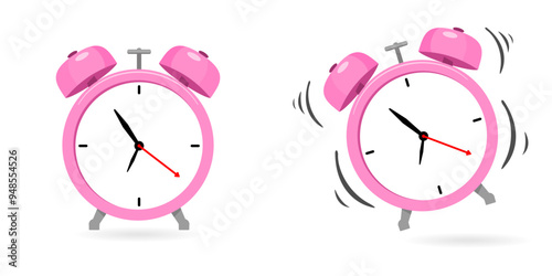 Pink Clip art Cartoon alarm clock ringing isolated on white background. Vector illustration