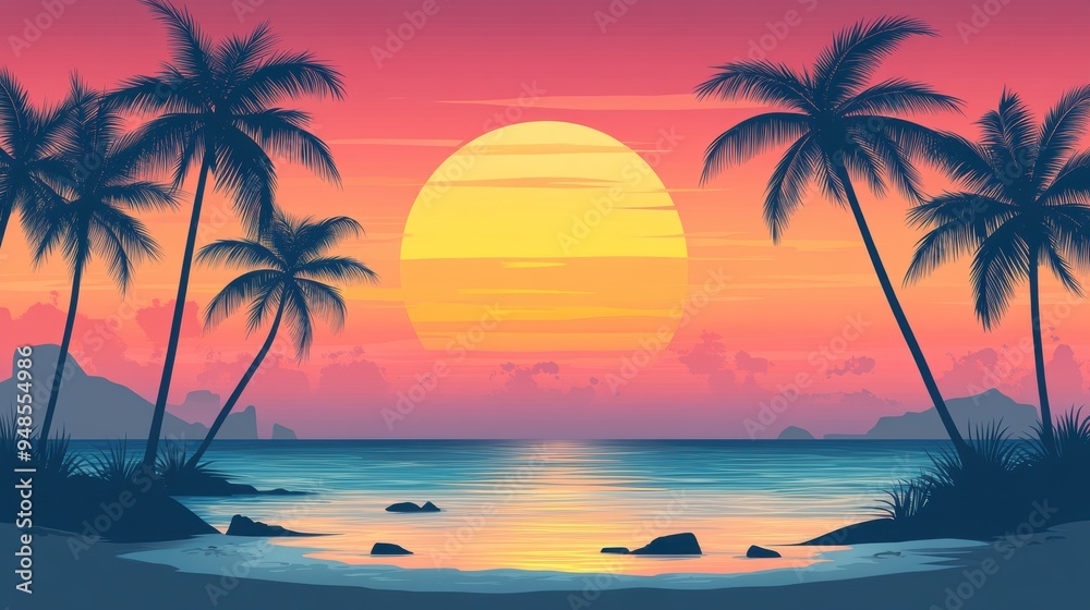 Fototapeta premium A serene sunset over a tranquil beach, framed by palm trees and gentle waves, perfect for relaxation and inspiration.