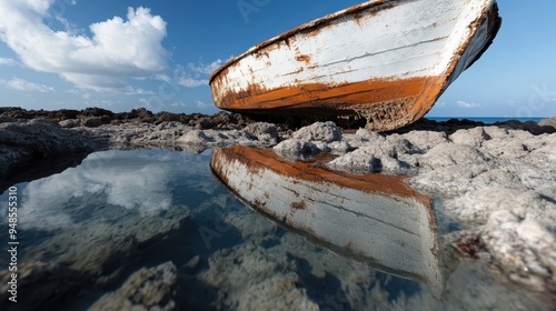 A rustic boat with a rusty hue lies dormant on a stony shore. The rusty boat's reflection is vividly captured in a small water body, echoing stillness and time. photo