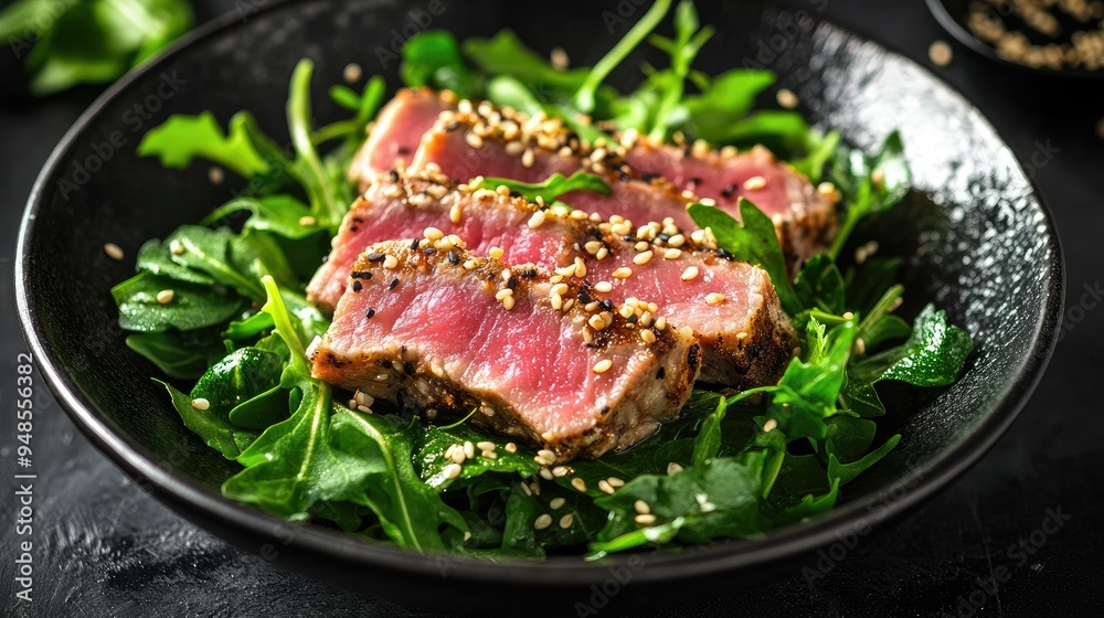 Protein-rich seared tuna steak with sesame seeds, served on a bed of greens Protein-rich seared tuna steak with sesame seeds, served on a bed of greens