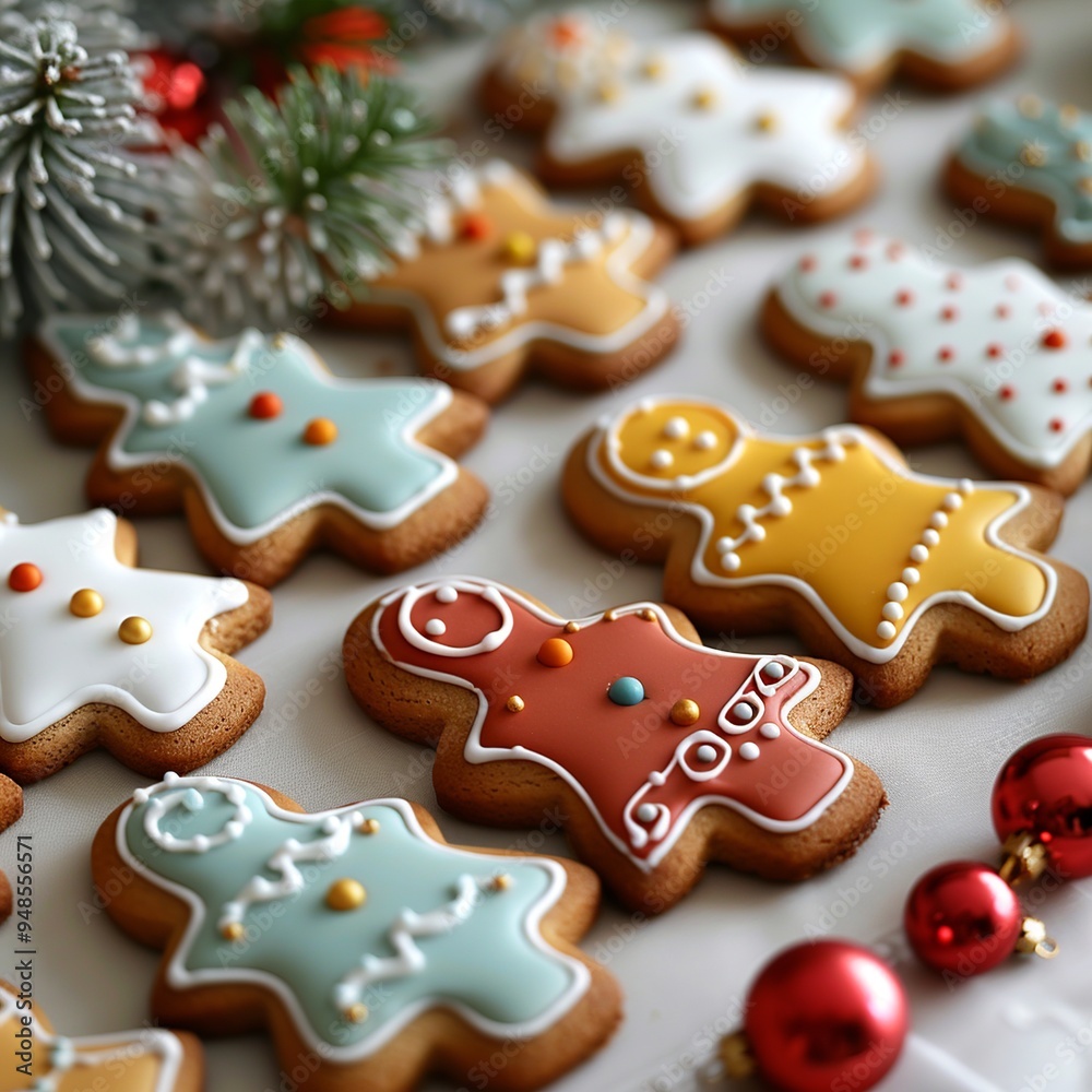 This minimalist depiction showcases a beautifully arranged tray of cookies, featuring a few highlighted with intricate icing designs that emphasize their festive charm and appeal.