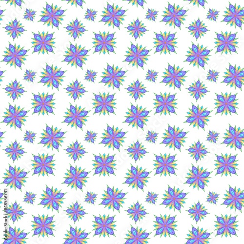 Floral seamless pattern with purple, yellow, blue flowers on a white background. Watercolor style.