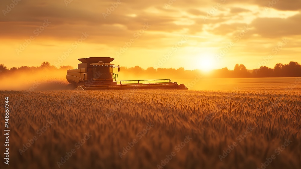 Fototapeta premium 19. **A farmer driving a combine harvester through a wheat field at sunset.