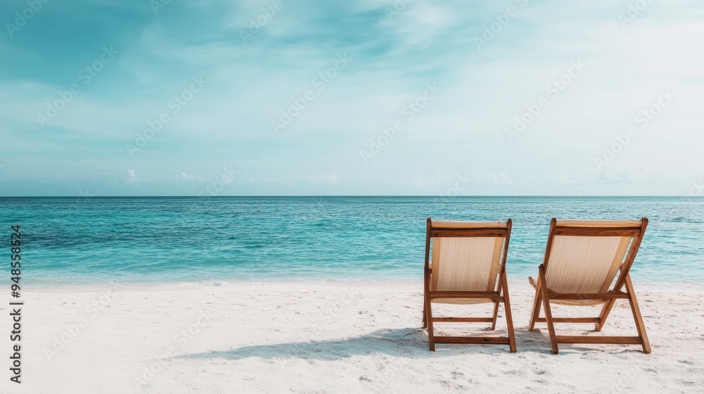 Two wooden chairs are placed on a pristine beach with white sand, overlooking the calm, turquoise ocean waves, beneath a beautiful, clear blue sky with few clouds. Two wooden chairs are placed on a pristine beach with white sand, overlooking the calm, turquoise ocean waves, beneath a beautiful, clear blue sky with few clouds.