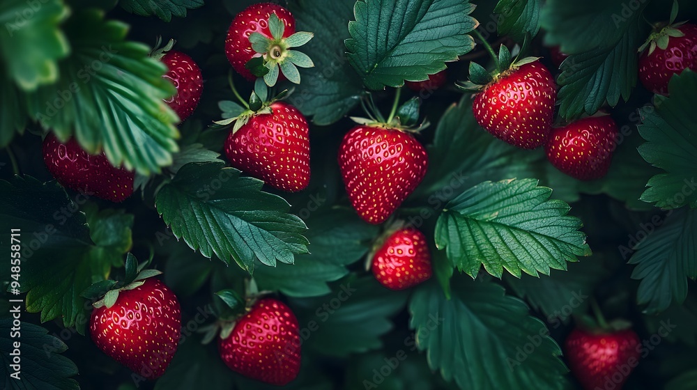 198. **A close-up of fresh strawberries with red fruit and green leaves. 198. **A close-up of fresh strawberries with red fruit and green leaves.