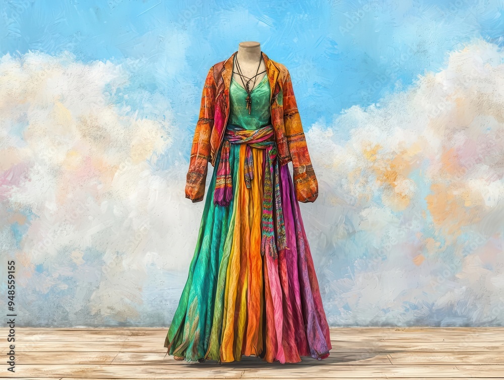 Fototapeta premium Boho tribal outfit, Halloweenthemed costume, natural textures, 3D illustration