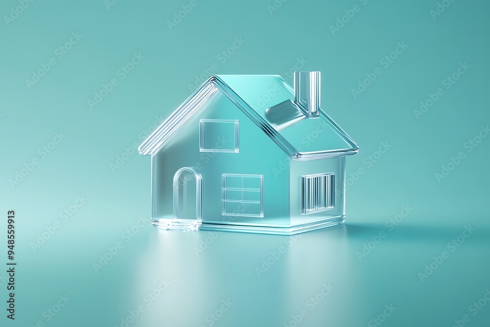 Dreamy Crystal Home Icon in Turquoise and Silver - 3D Render on Cyan Background Dreamy Crystal Home Icon in Turquoise and Silver - 3D Render on Cyan Background