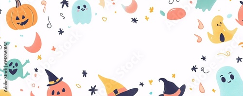 Cute Halloween pattern frame with smiling monsters tiny witches and friendly ghosts