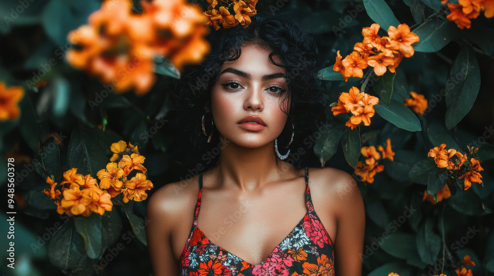 Photo of a lovely Mexican woman in city wear surrounded by blooming flowers Photo of a lovely Mexican woman in city wear surrounded by blooming flowers