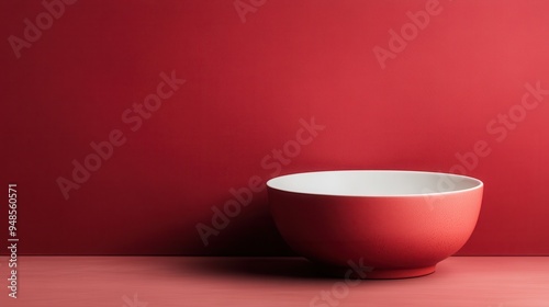 A simple red and white ceramic bowl is positioned against a red background. The minimalist composition emphasizes the bowl's smooth curves and the bold contrast of colors.