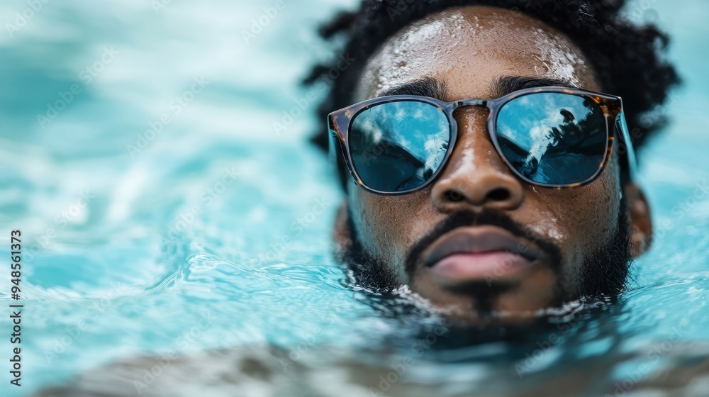 Fototapeta premium A person swimming underwater in a pool, visible only by their goggles and head, creating a serene and dynamic scene that captures the essence of relaxation and motion.