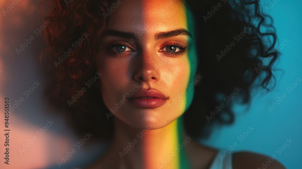 An artistic close-up portrait of a woman with curly hair illuminated by colorful light, showcasing the interplay of shadows and vibrant hues.
