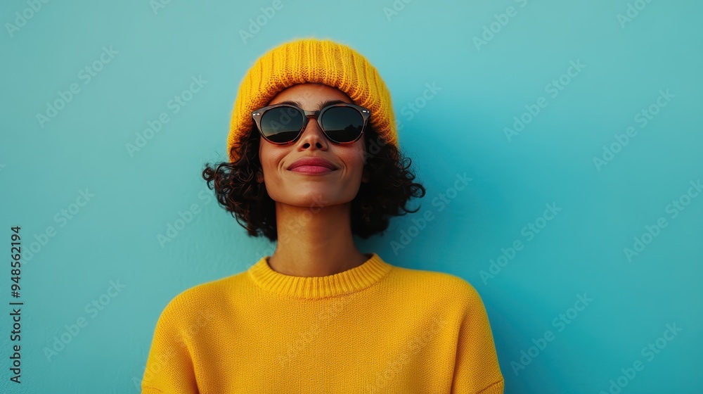 A young woman wearing a bright yellow sweater and matching beanie stands confidently against a vibrant blue wall, radiating joy and modern style on a sunny day. A young woman wearing a bright yellow sweater and matching beanie stands confidently against a vibrant blue wall, radiating joy and modern style on a sunny day.