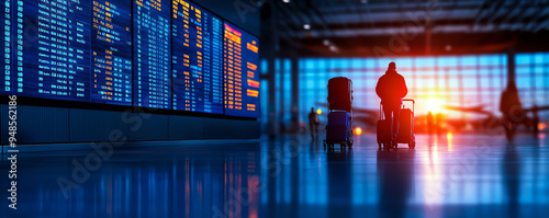 A traveler waits at the airport as the sun sets, illuminated by vibrant screens displaying flight information. photo