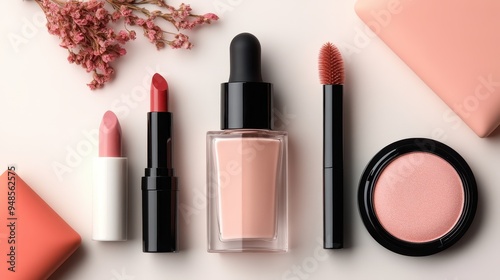 This image features a carefully arranged makeup set including lipsticks, foundation, a mascara wand, and blush, presented with pink flowers, highlighting elegance and femininity. photo