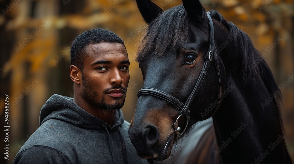 A man standing next to a black horse in a stable