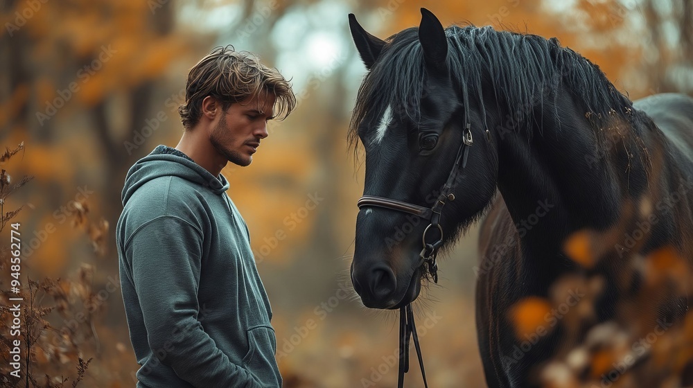 Obraz premium A man standing next to a black horse in a field