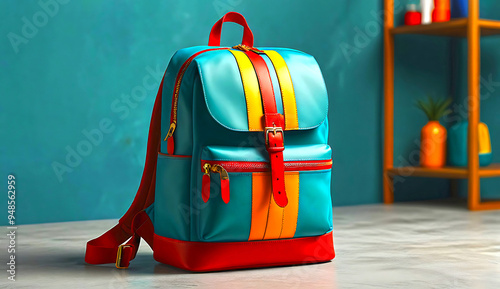 A school bag with a sleek, high-tech design, with a colorful, nostalgic feel. photo