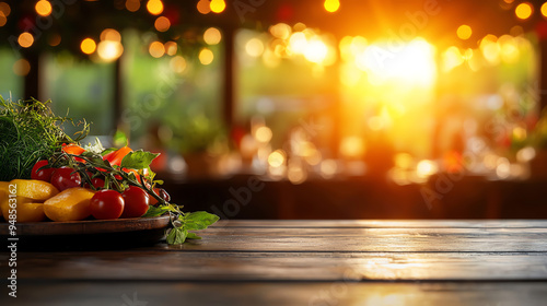 A vibrant table setting with fresh vegetables, capturing the warm glow of sunset and cozy atmosphere of a dining experience.