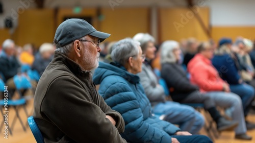 A diverse group of individuals attentively listens during an evening public meeting, discussing community concerns while seated in a hall filled with light and warmth