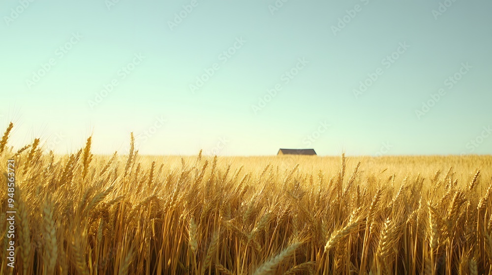 Obraz premium 195. **A field of golden barley with a distant farmhouse and clear sky.