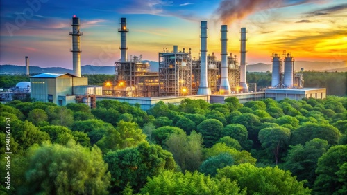 Petroleum power plant surrounded by trees promoting green industry and low carbon footprint, petroleum