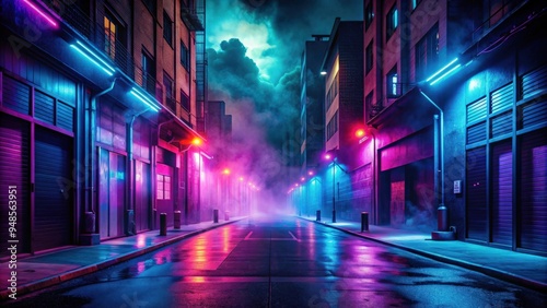 Dark empty street with neon lights, spotlights, and smoke floating in the air , night, urban, empty, dark, street