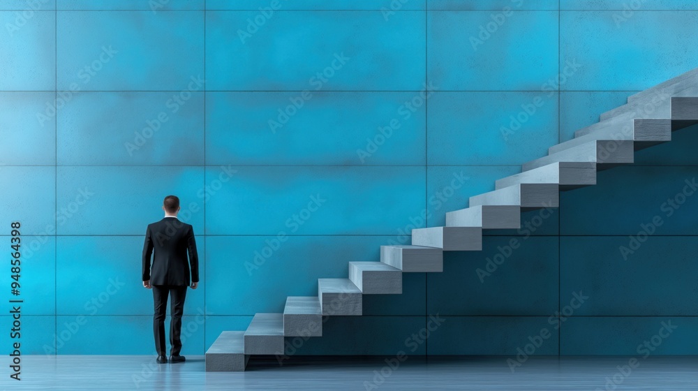 Fototapeta premium A suited man gazes at a bright blue wall with a staircase ascending, symbolizing ambition and progress in a contemporary environment