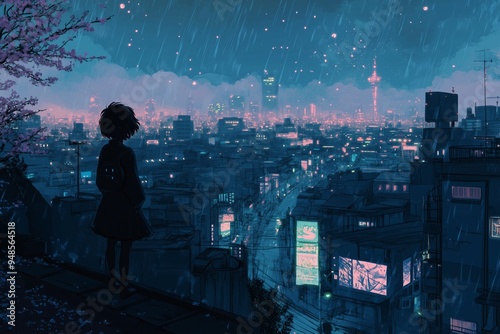 Silent Reverie in the Rain, lofi art, Japanese anime, retro anime, night cityscape, rain-soaked streets, urban loneliness, nostalgic scenery, Generative AI photo