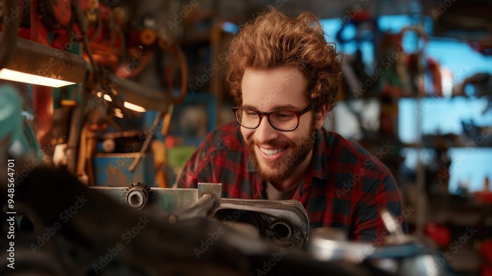 A young mechanic with curly hair and glasses smiles while diligently working on machinery in a vibrant garage filled with tools and equipment. The warm lighting enhances the energetic atmosphere A young mechanic with curly hair and glasses smiles while diligently working on machinery in a vibrant garage filled with tools and equipment. The warm lighting enhances the energetic atmosphere