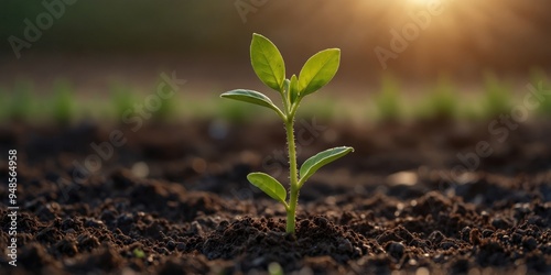 Sprouting seedling in fertile soil at sunrise.