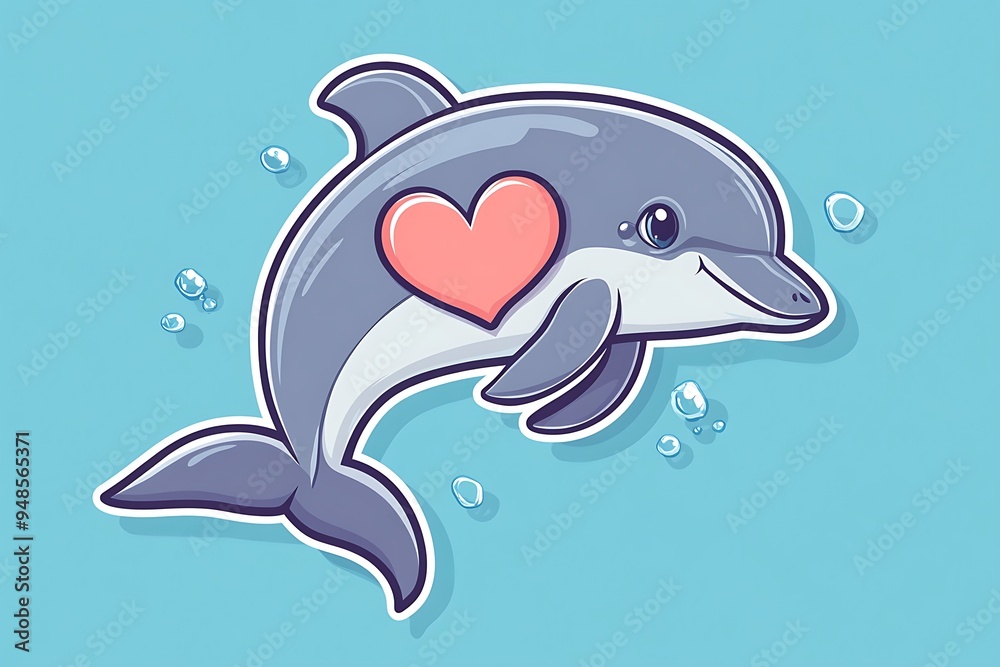 Obraz premium Cute Cartoon Dolphin Fin Making Heart Sign - Fluid Style Vector Design on Ocean Blue Background