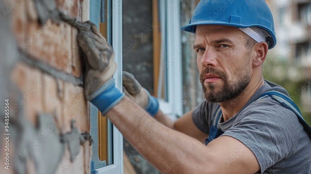 Window installer fitting new windows in a home, measuring and securing frames to provide improved insulation, security, and aesthetic appeal