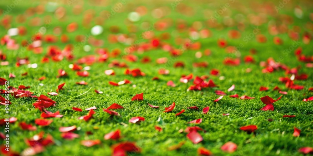 Red litter scattered on vibrant green grass after a concert, garbage, nature, environment, pollution, waste, litter Red litter scattered on vibrant green grass after a concert, garbage, nature, environment, pollution, waste, litter
