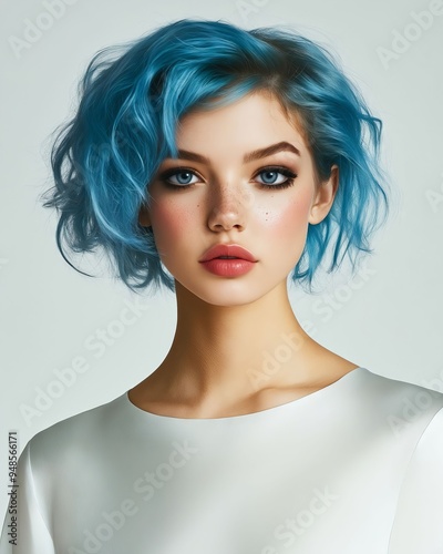 A woman with blue hair wearing a white dress