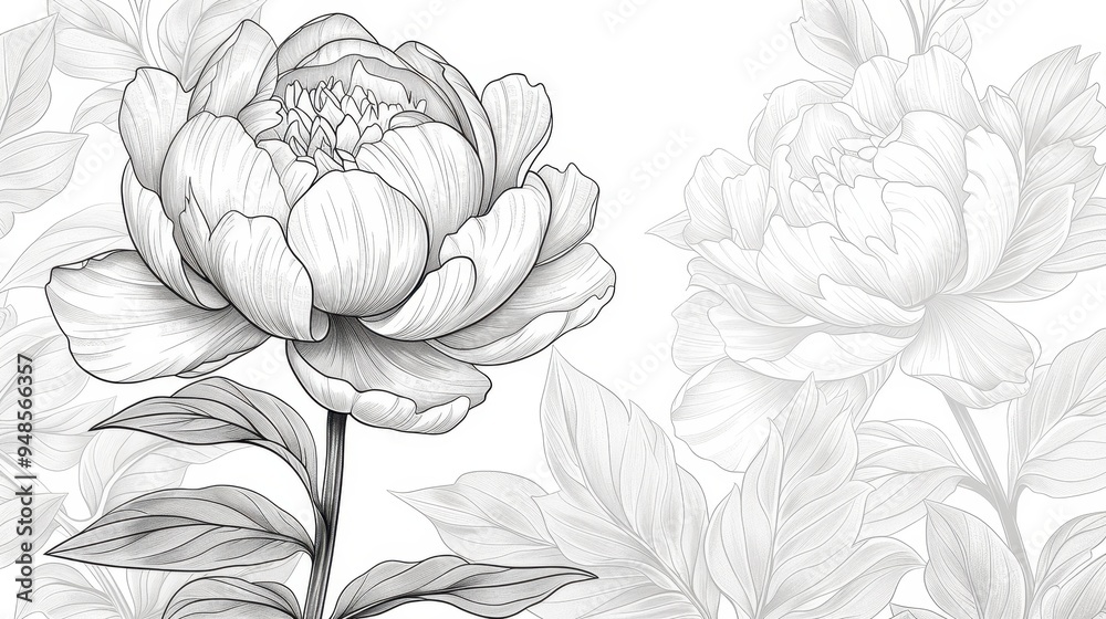 Elegant line drawing of a peony flower suitable for invitations and card designs Elegant line drawing of a peony flower suitable for invitations and card designs