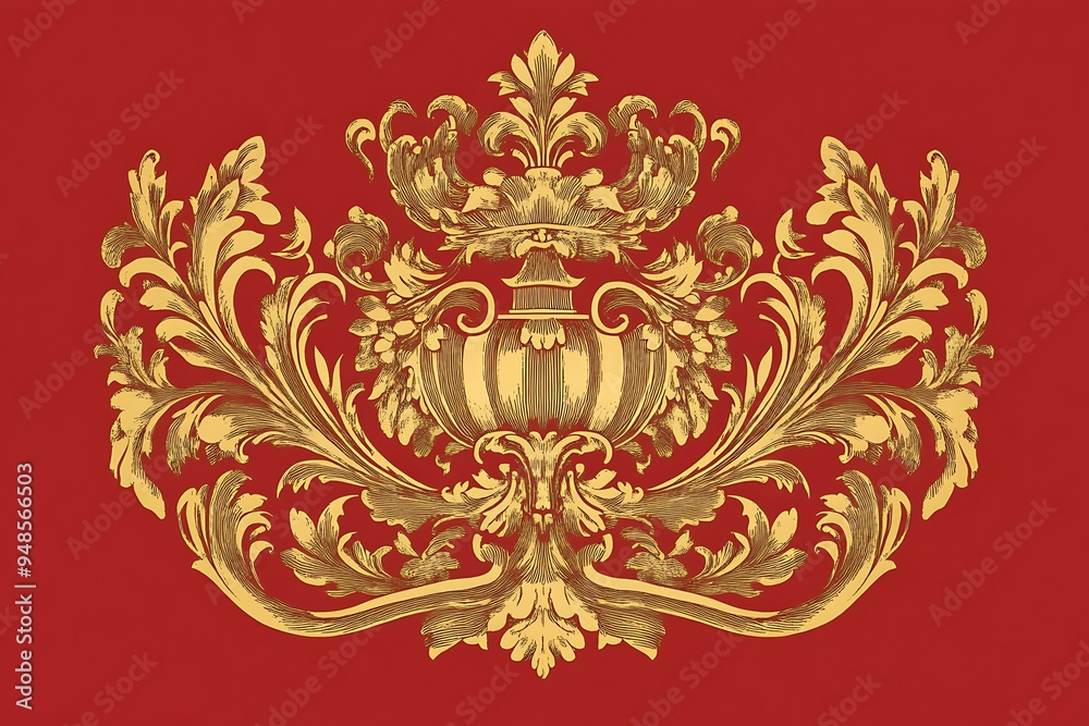 Elegant Red and Gold Baroque Crest Vector Graphic with Intricate Details Elegant Red and Gold Baroque Crest Vector Graphic with Intricate Details